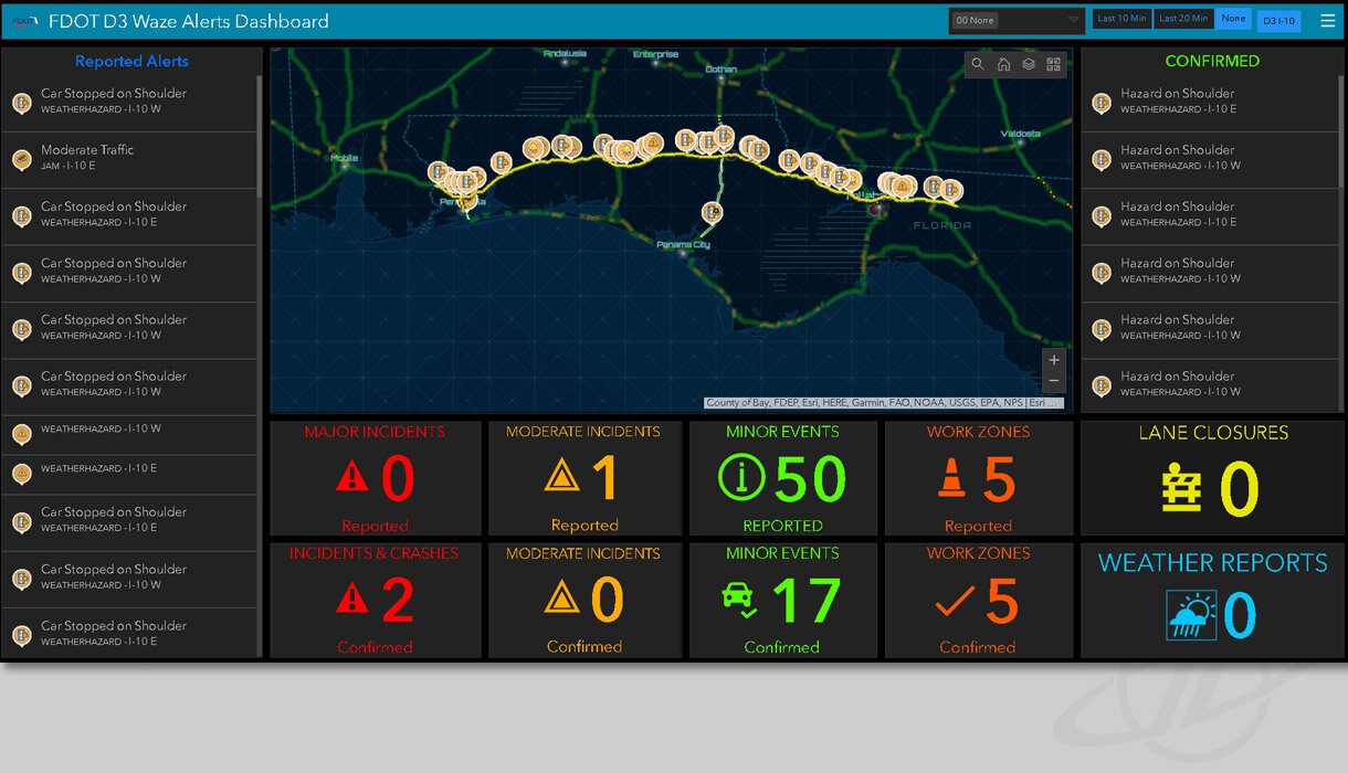  The Waze Alert Dashboard applications allow operators to receive, sort and prioritize large amounts of data sourced from crowd-based platforms such as Waze, NOAA and FL511. 