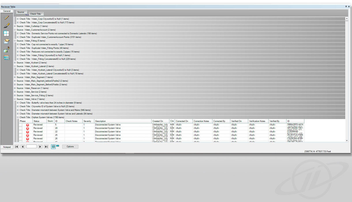  Using ArcGIS Data Reviewer's Reviewer Table, clients get an overview of current issues, listed as Check Title, and the source of those discrepancies under Source. In this example, the client is inspecting a water valve source. Reviewer Table checks 