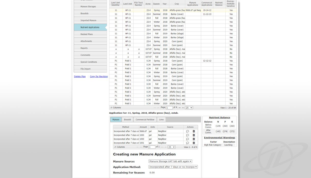  Through the new Nutrient Management Planning Module, planners can now identify land units by number, season, acres, year, and crop type. 