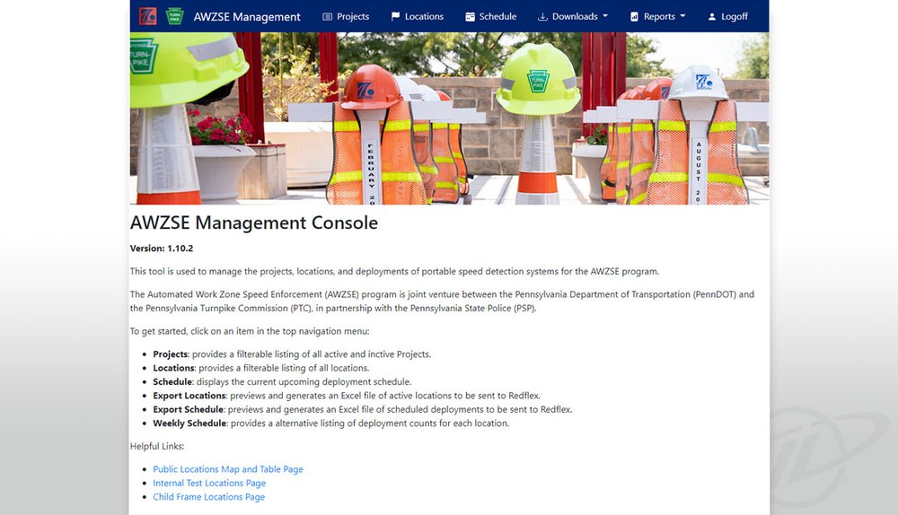  The AWZSE Management Console homepage allows work zone locations tracking and scheduling. 
