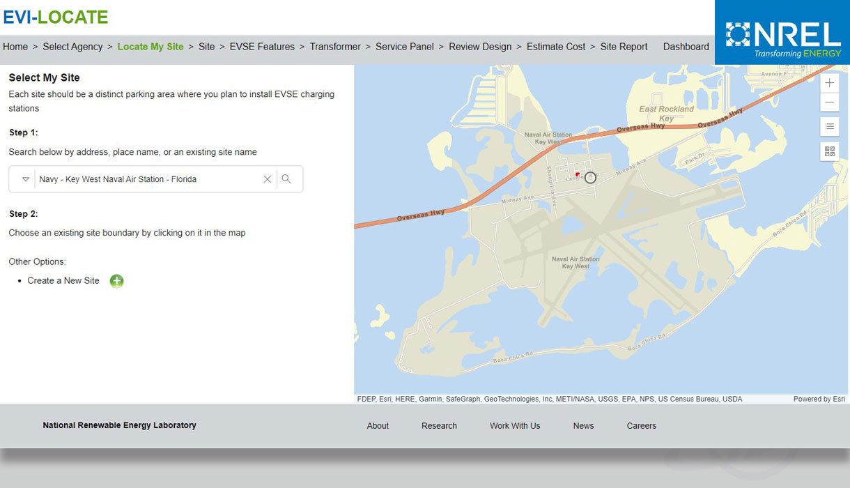  Graphic of the EVI-LOCATE Localized Charging Assessment Tool and Estimator Locate My Site feature. 