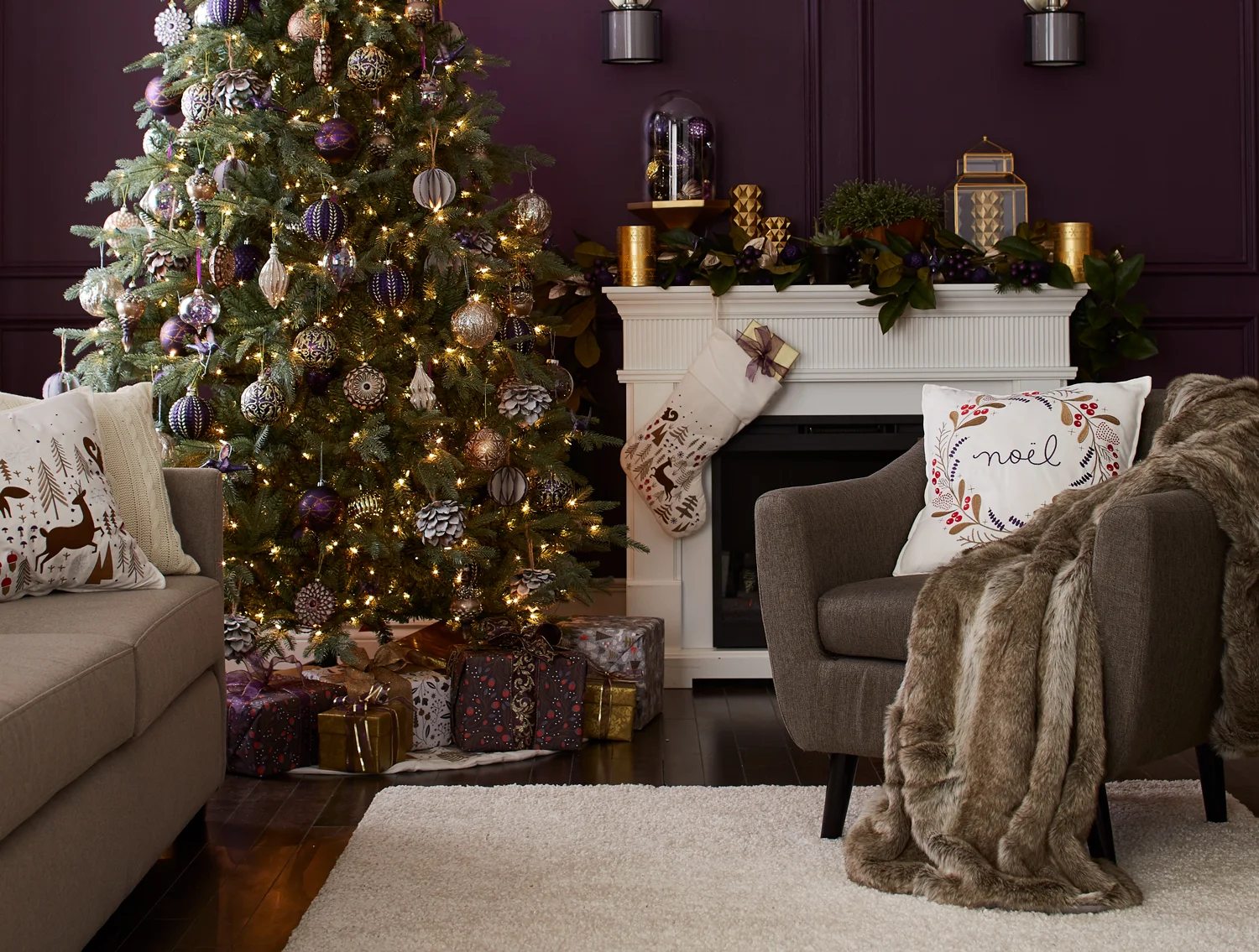 The collection includes a cushion, a stocking, a tree skirt and 3 different gift wraps