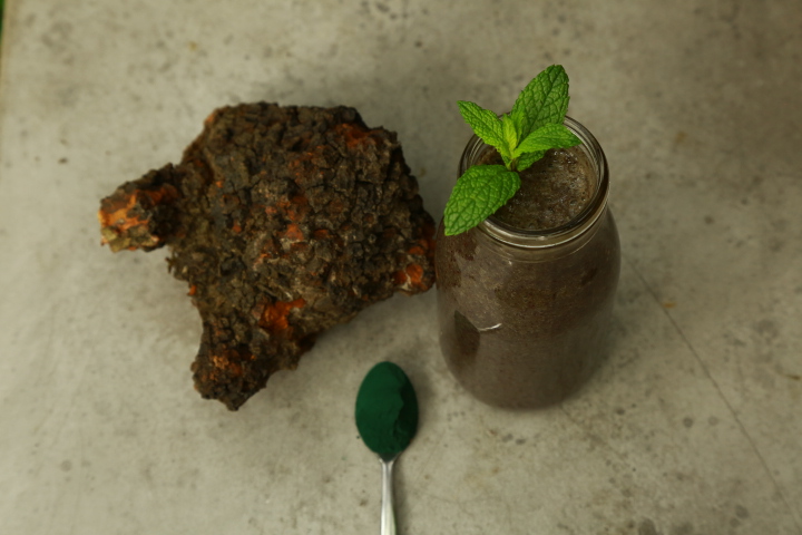 Spirulina Smoothie with Chaga tea decoction as base. Photo by Vincent Dumoulin, Cedar and Gold