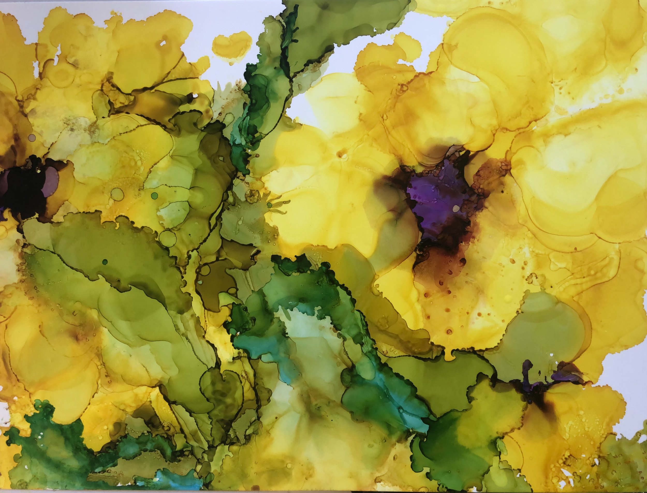 Golden Flowers, alcohol ink on yupo paper, 9"x12" SOLD