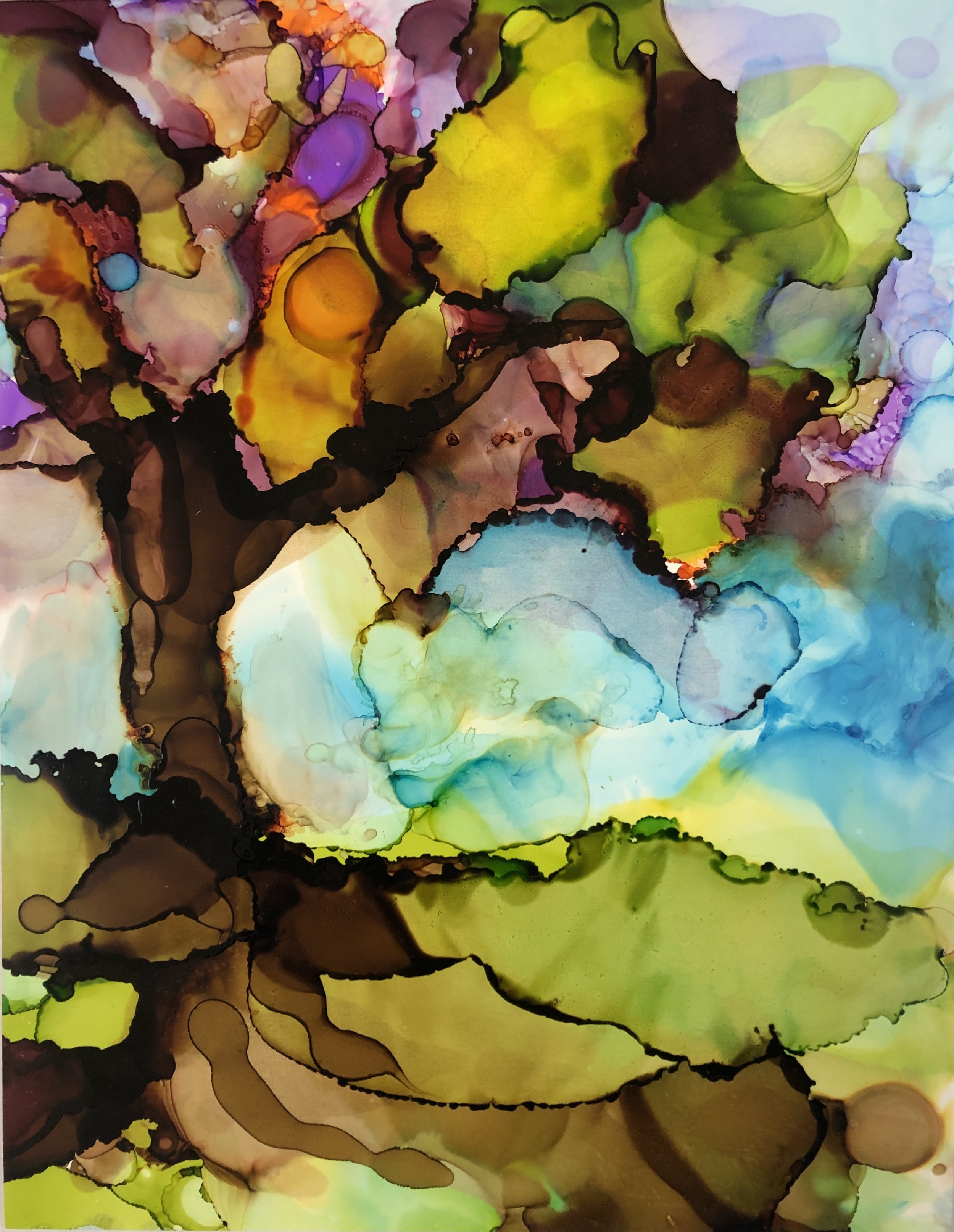 Rainbow Tree, alcohol ink on yupo paper, 14"x11" SOLD