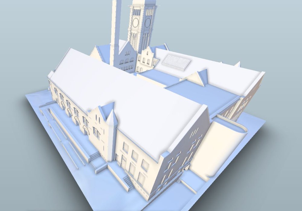 Early Revit model aerial roof view of Carnegie Free Library
