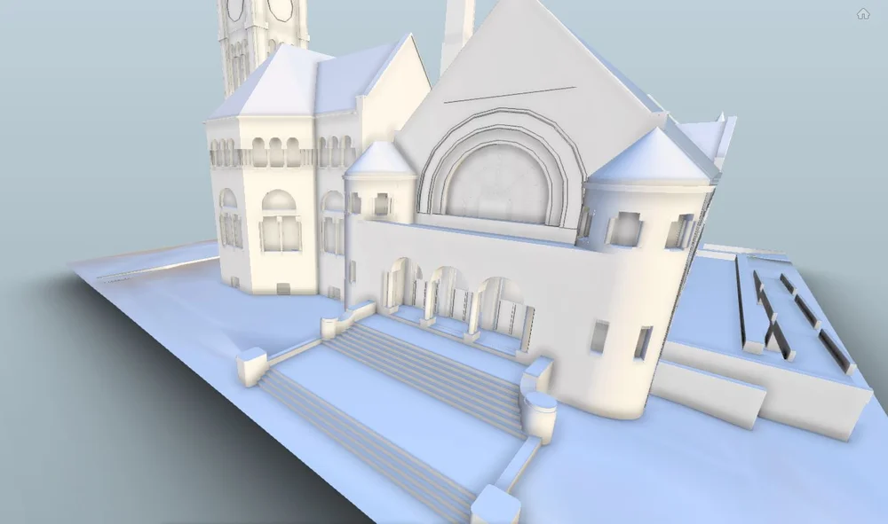 Early Revit model front entrance and arched facade of Carnegie Free Library