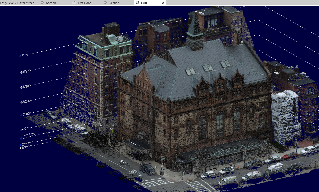 Point cloud and surrounding context of the Exeter Street building