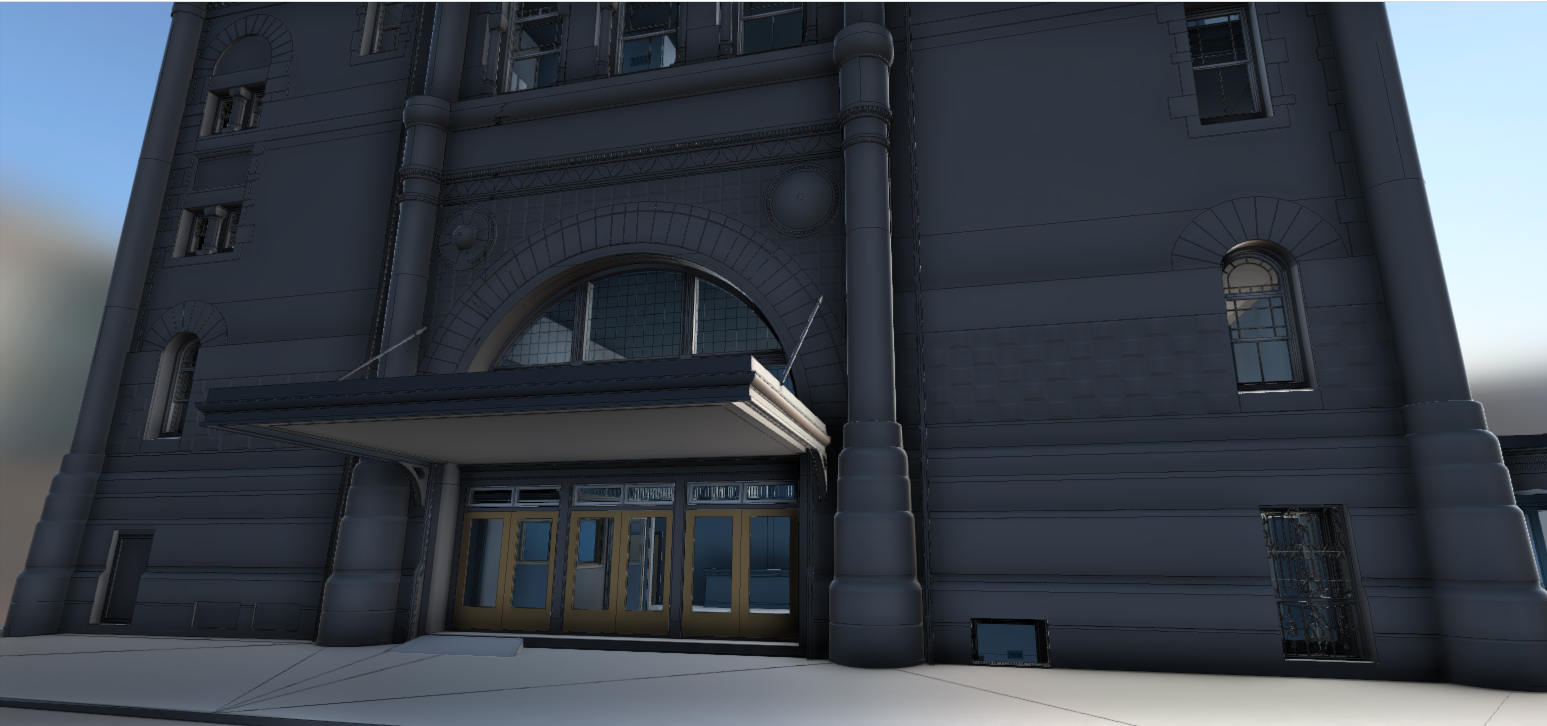 Main entry of the building modeled in 3D