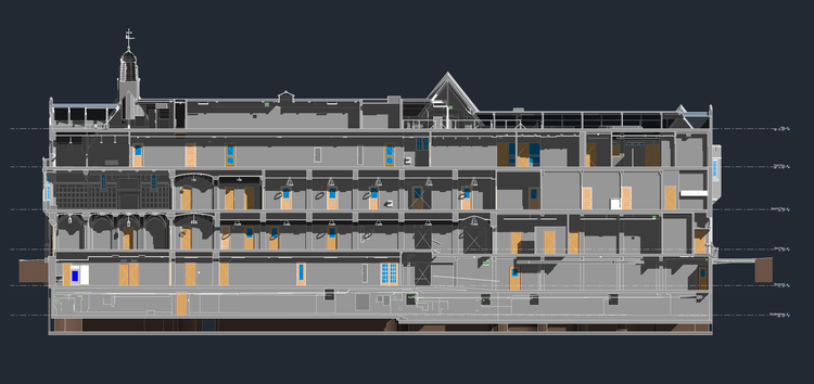 Presentation building section of Ray Tompkins House at Yale