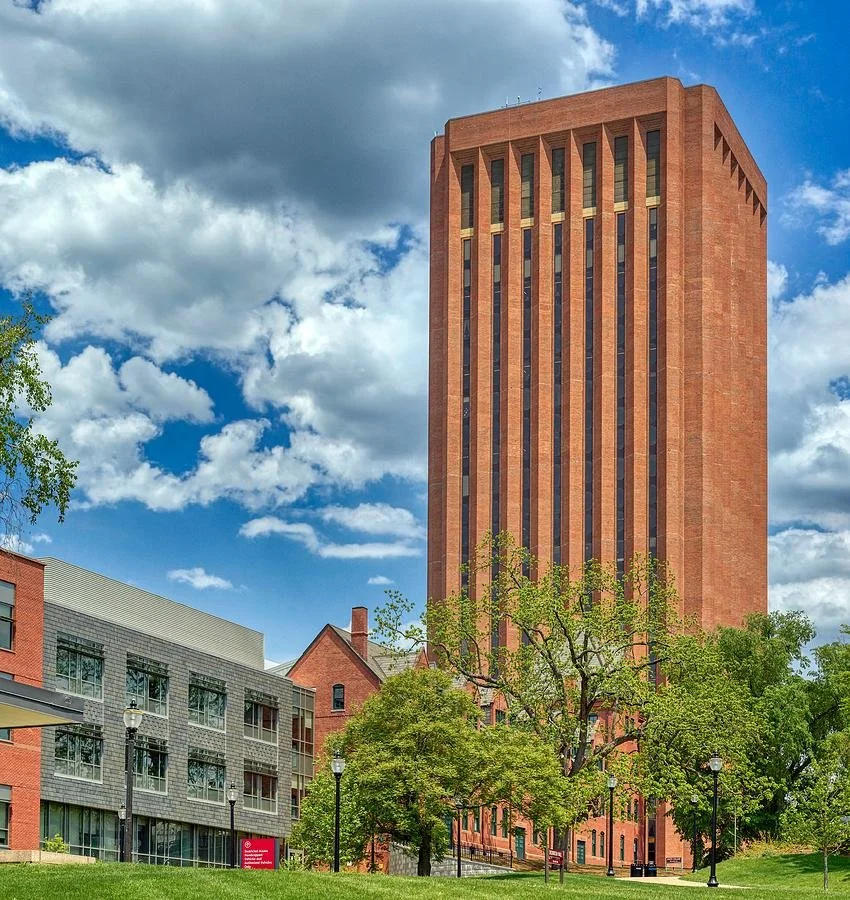 Exterior photograph of the W.E.B. Du Bois Library at UMass Amherst