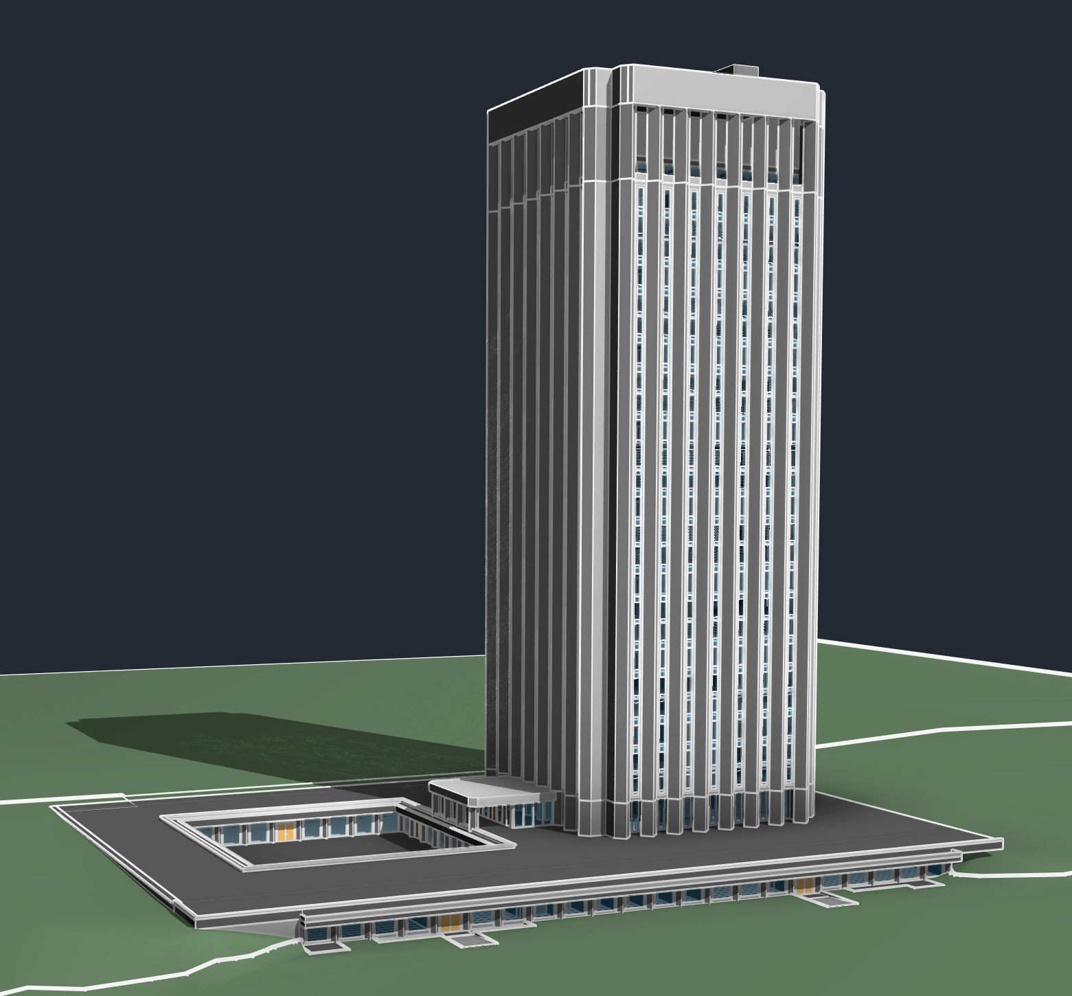 Revit model view of the UMass Du Bois Library tower and podium