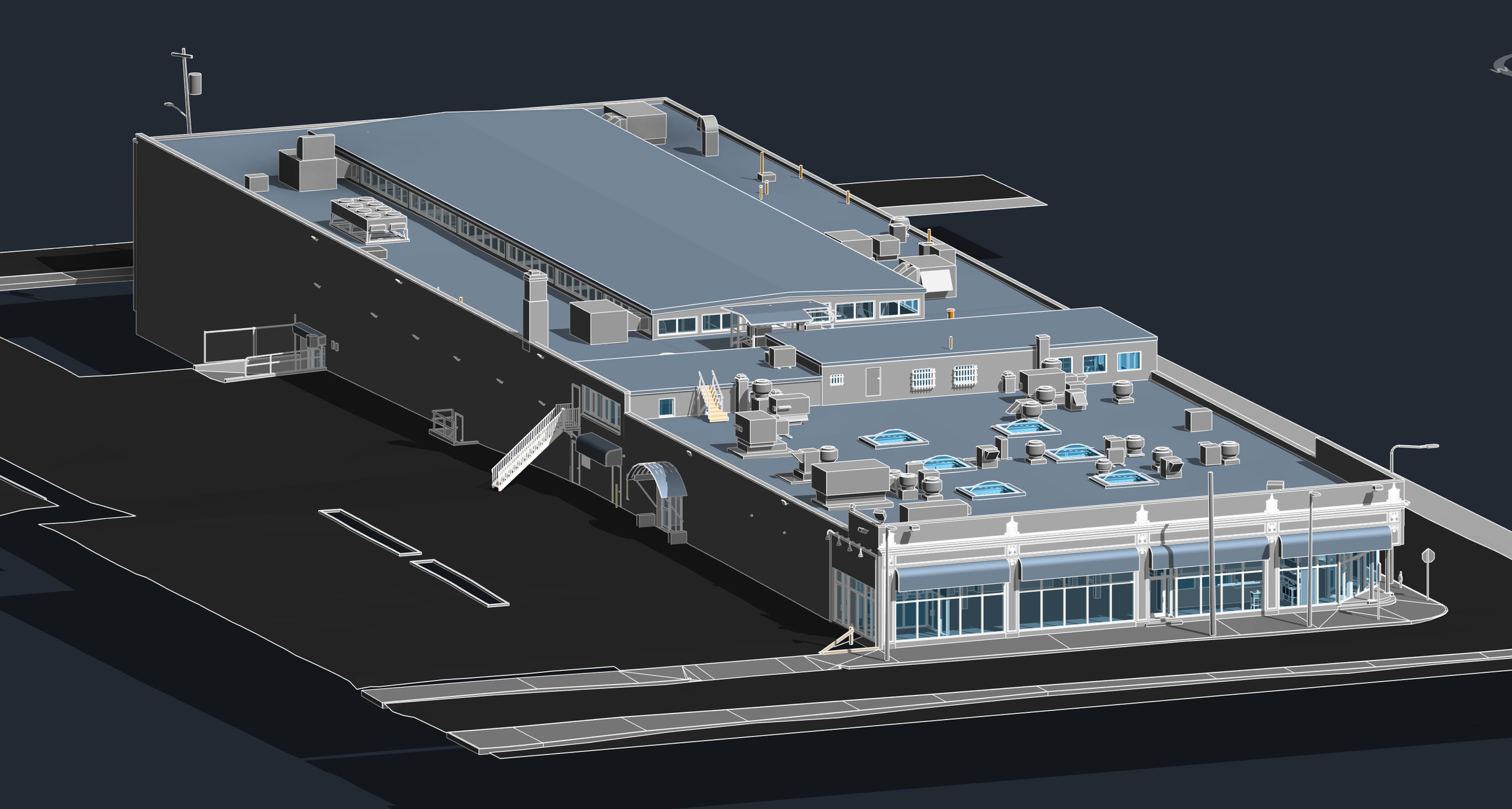 Brighton Market existing conditions Revit model showing roof equipment, storefronts, and site context