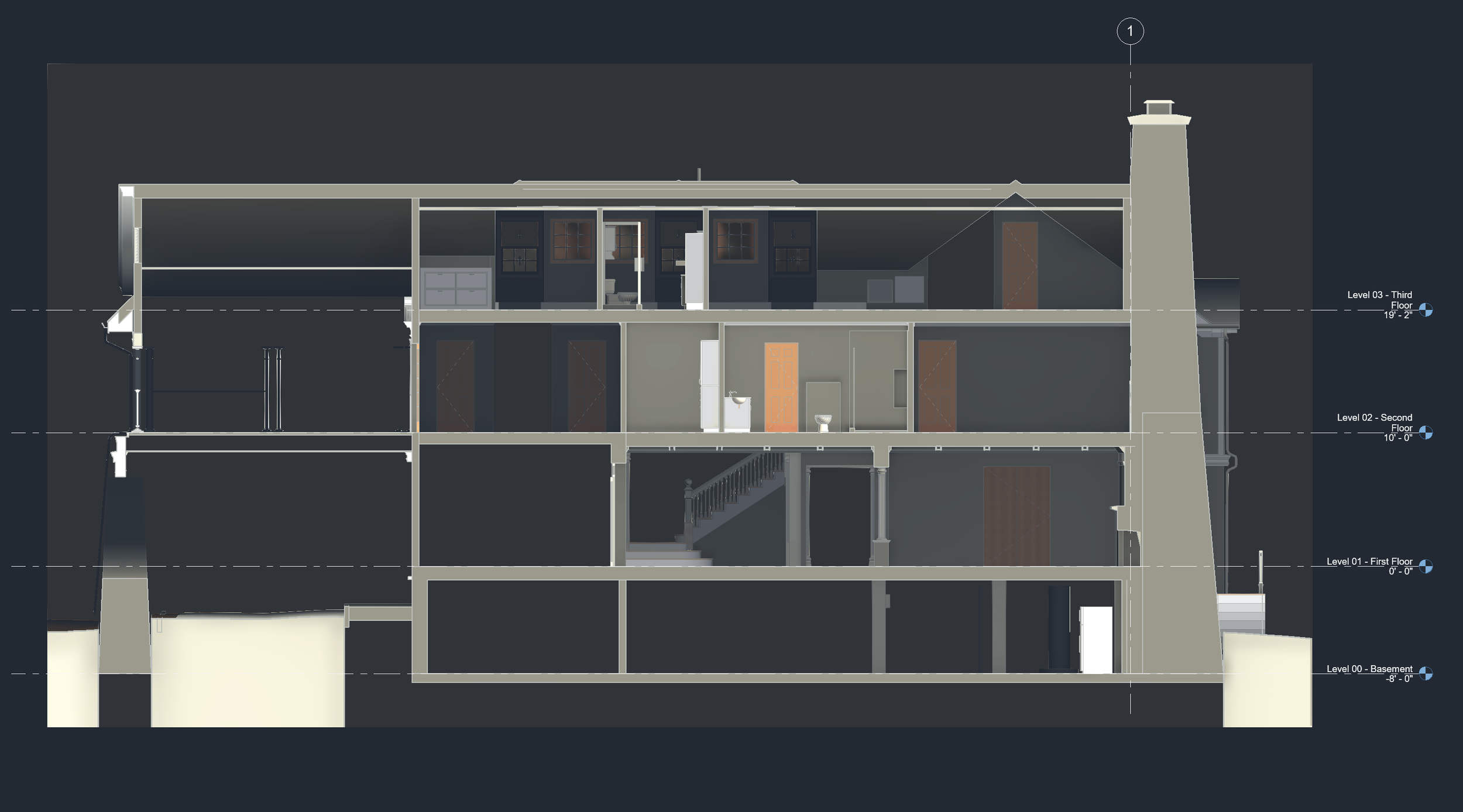 LiDAR-informed section through Pleasant Street Lexington residence and chimney
