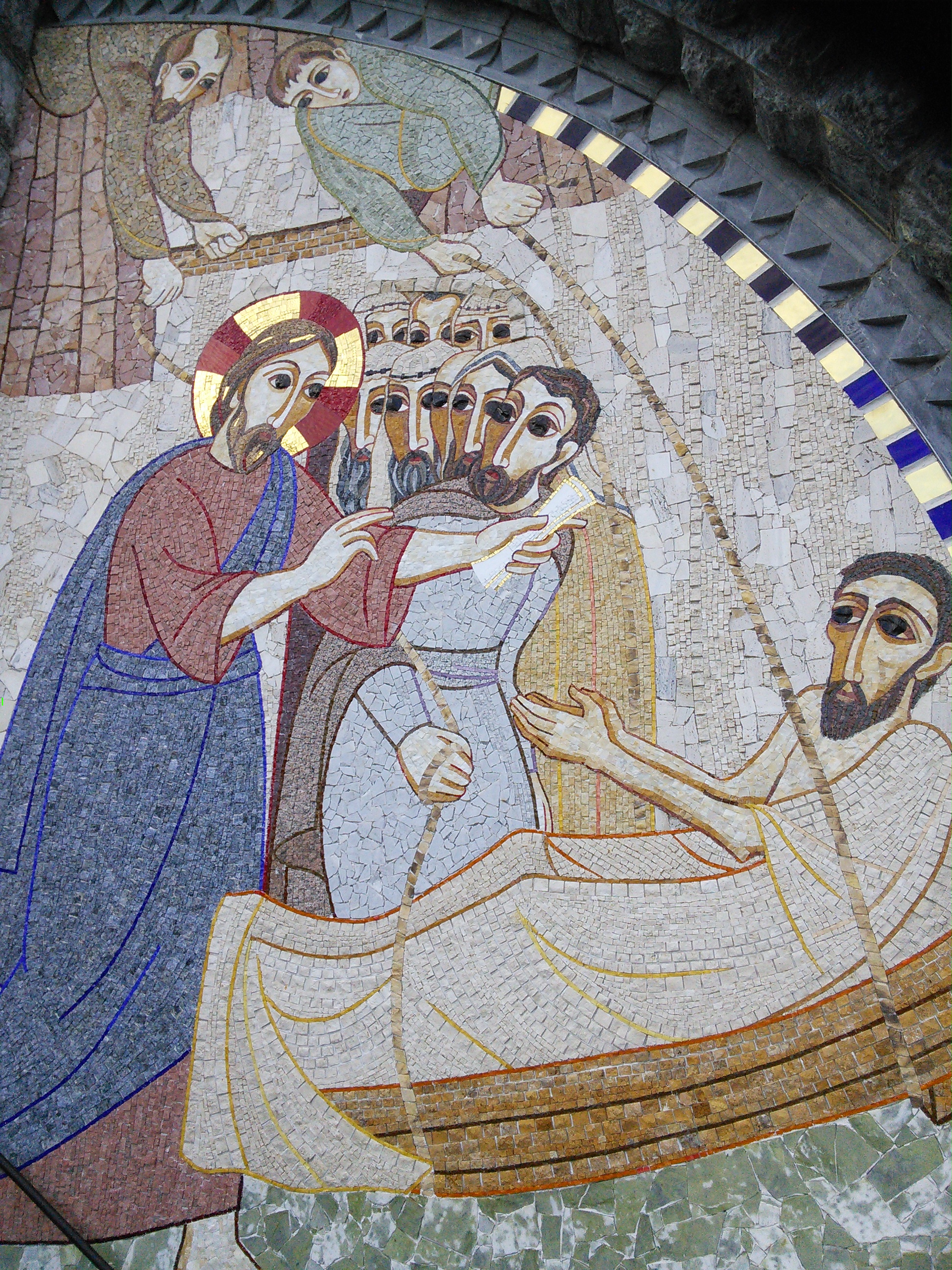Jesus healing the paralysed man. Mosaic from the Rosary Basilica in Lourdes