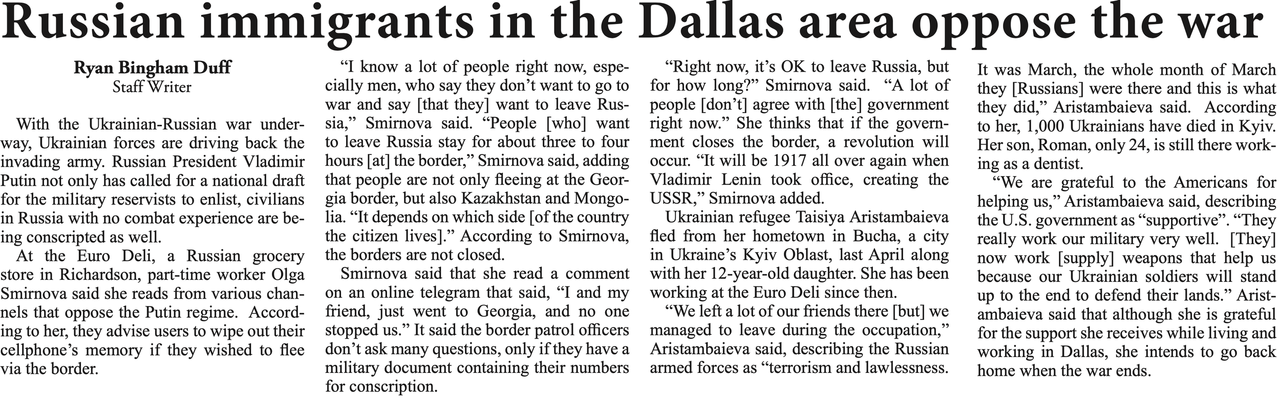 Newspaper clipping of story about how Russian immigrants oppose the war in Ukraine.