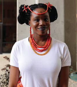 International student Kenechukwu Enemo represents Nigeria in traditional garb.