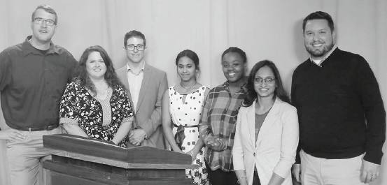 (Left to right) Alexander Myers - Huston, Dee Dee Herrerra, Gregg Soloman, Tsion Zenabu,Brianna Brody, Shanthi Shyamsunder and professor Kevin Wortley at Duck Pond challenge.