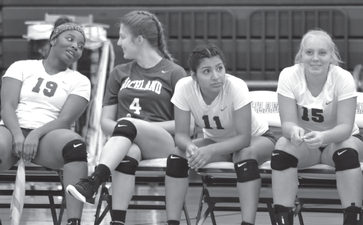 Volleyball team members watch from the bench.