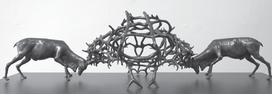 “Caribou Conflict,” a stereolithograph made on a 3D printer by artist David Van Ness, is on display through Sept. 21 in the Brazos Gallery.