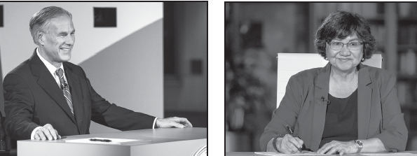 Incumbent Greg Abbott (R), left, and Democratic challenger Lupe Valdez debate in the LBL Library in Austin on Sept. 28.