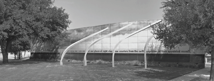 A memorial to the 2000 tornado, built from the remains of a damaged billboard, is located in the Fort Worth Cultural District.