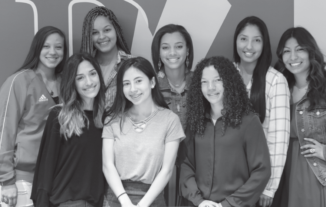 Asia Revely, left, Mia DeLeon, Dynastee Cain, Miranda Ibarra, Alexis Lawrence, Cloe Serino, Claudia Pedroza and Aliyah Mora at signing day on March 21. Ten of the starting 11 players from last year’s national championship team have transferred to universities.