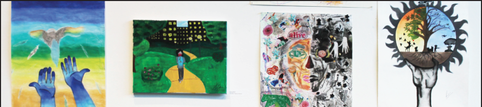 Students artwork visualizing nihilism and existentialism recently on display in Brazos Gallery.