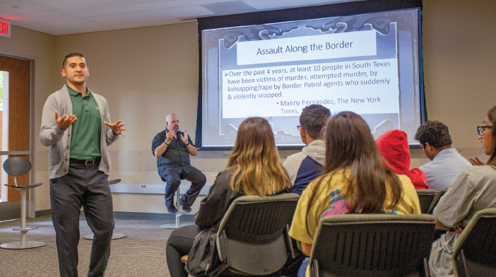 Gilbert Castillo gives a presentation about assault on the border.