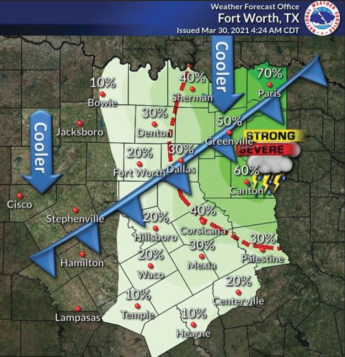 The graphic shows a county map of North Texas where a cold front is forecast for March 30.