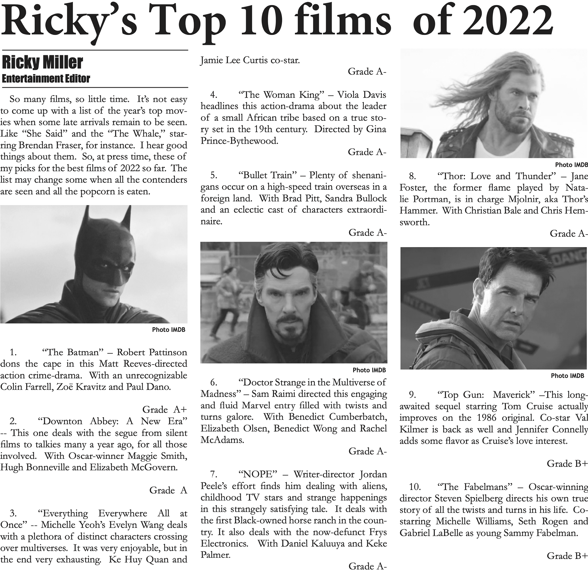 Digital newspaper clipping of Chronicle entertainment editor Ricky Miller's picks for the top 10 movies of the year.