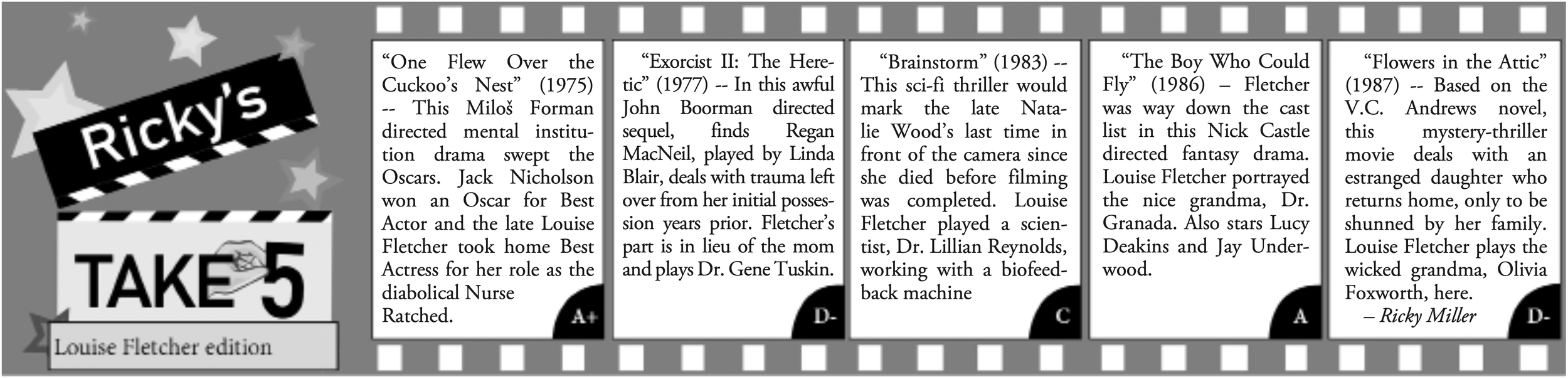 Clipping of Chronicle Entertainment Editor Ricky Miller's top picks for Louise Fletcher's career.