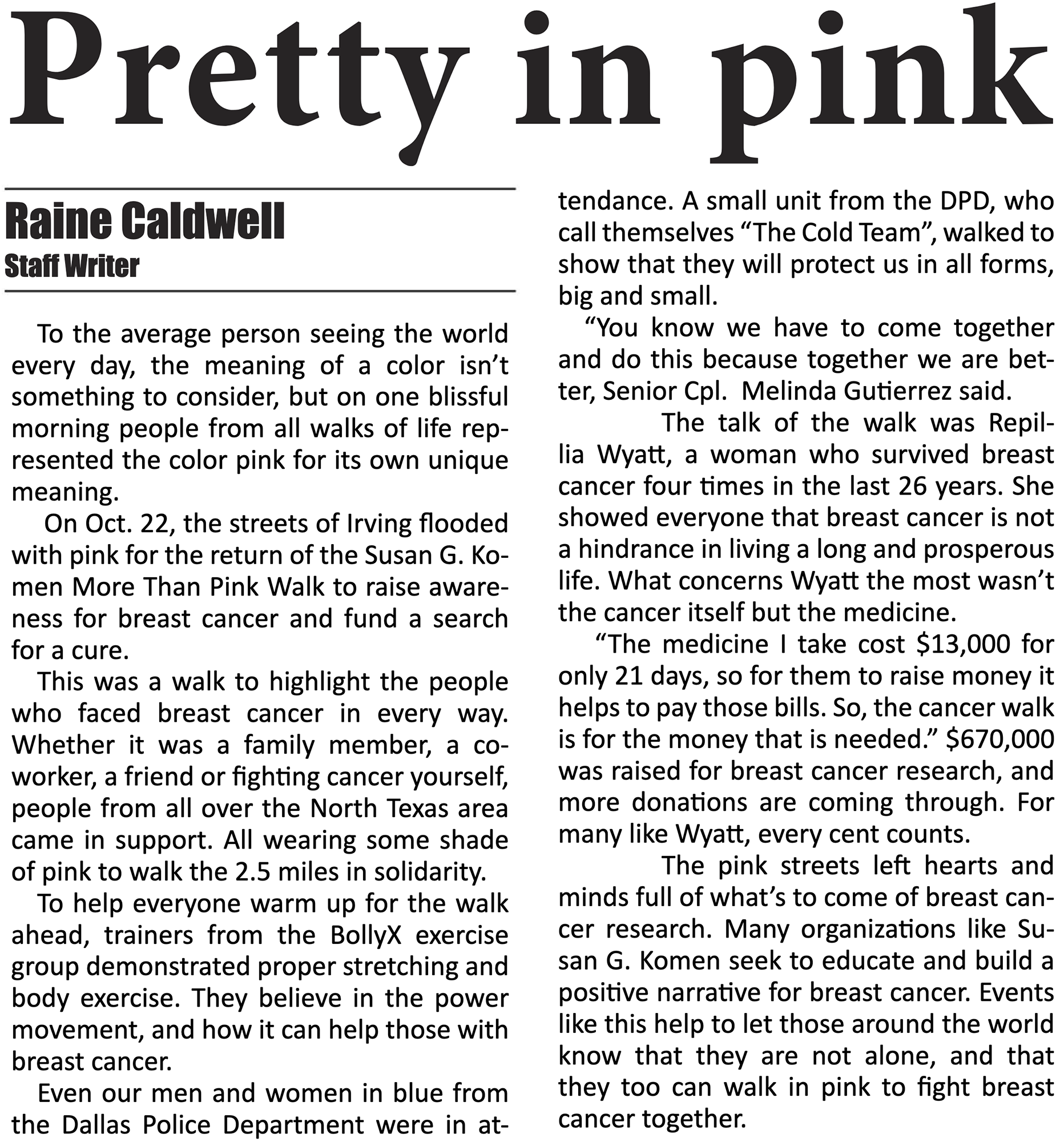 Digital newspaper clipping of Chronicle article about breast cancer awareness.