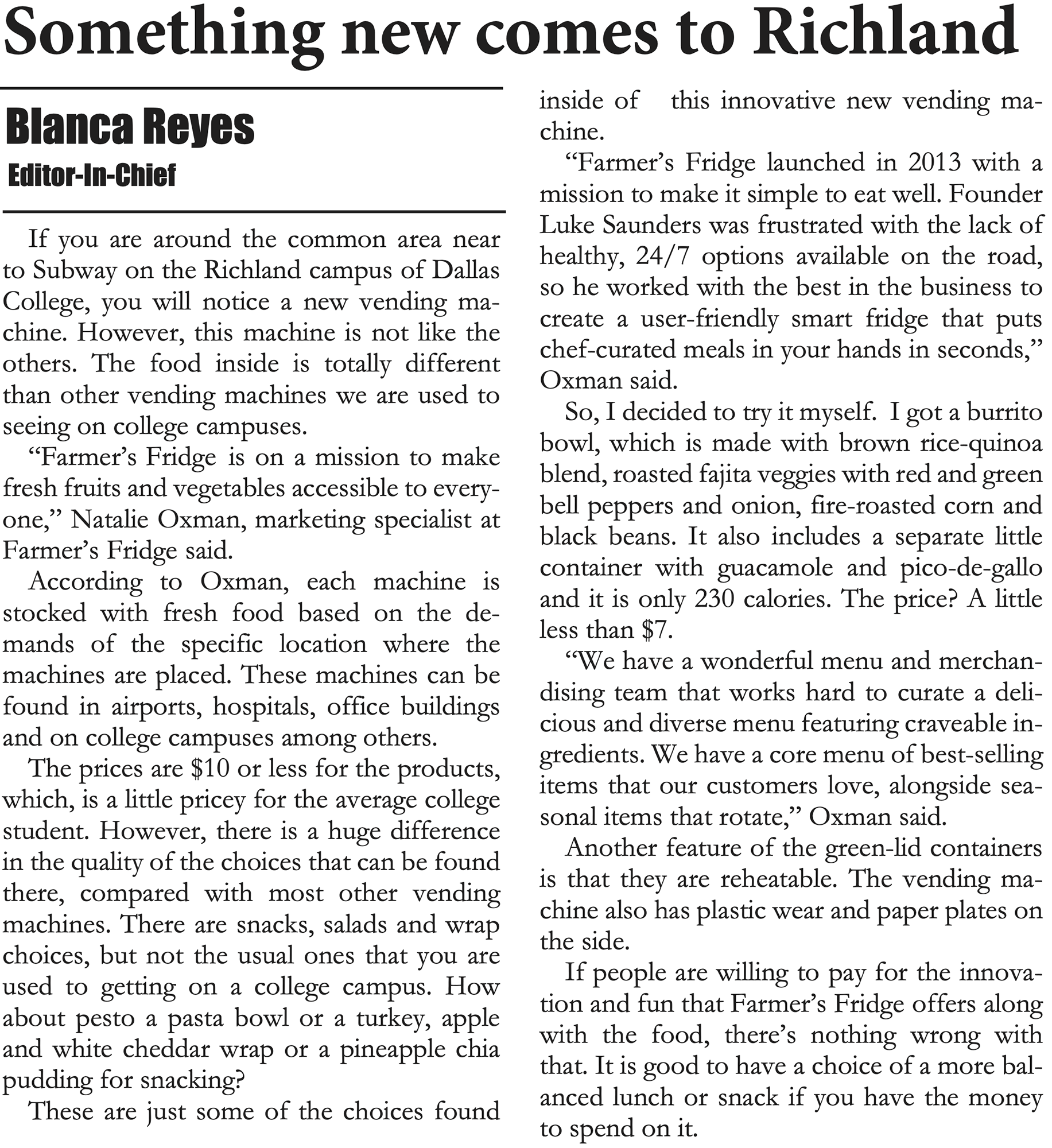 Digital newspaper clipping of Chronicle story about Farmer's Fridge vending machines on campus.