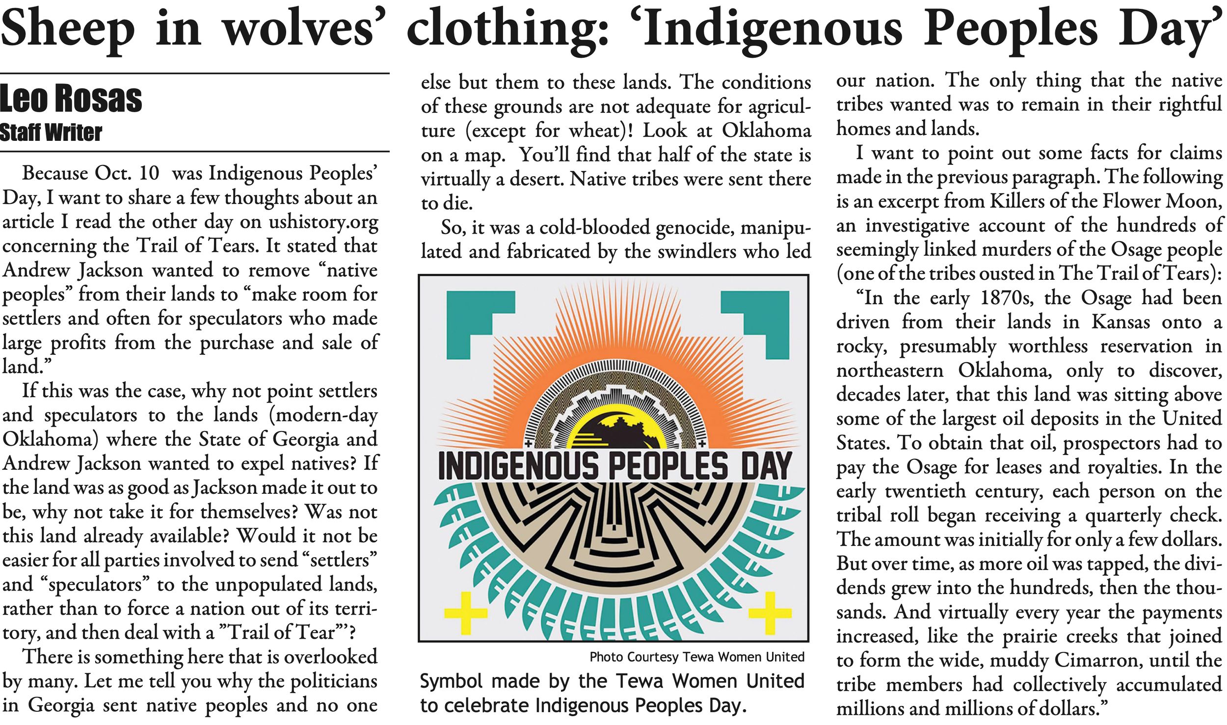 Chronicle digital newspaper clipping of opinion piece on Indigenous Peoples Day.