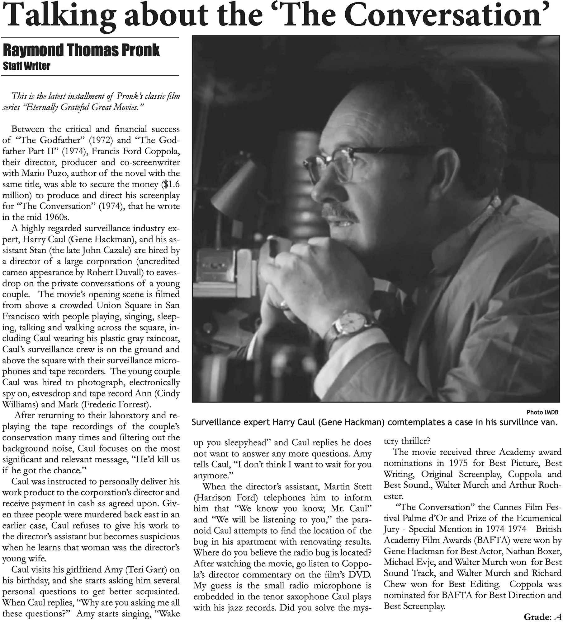 Digital newspaper clipping of a review by Chronicle staff writer Raymond Thomas Pronk of the movie "The Conversation."