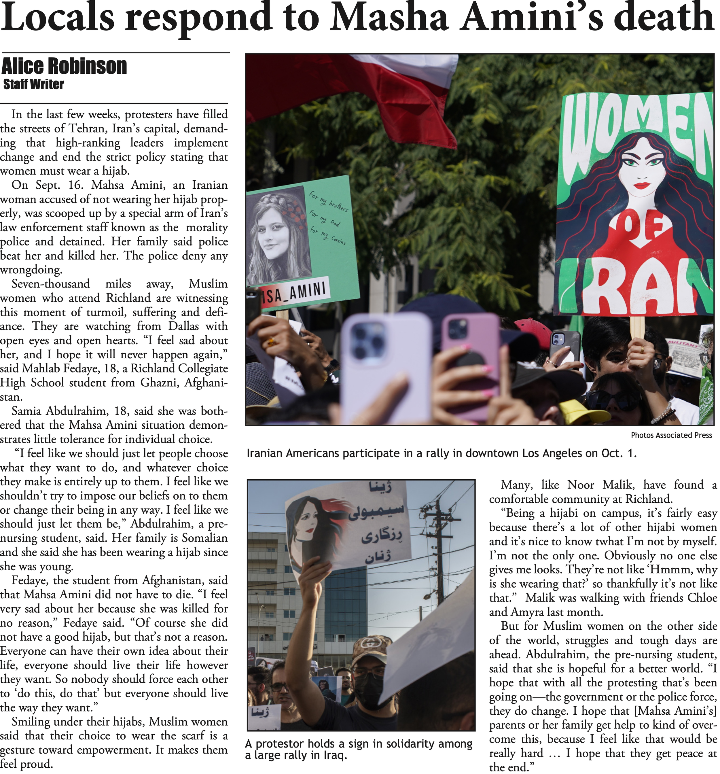 Digital newspaper clipping of Chronicle story about local reaction to Masha Amini's death in Iran.