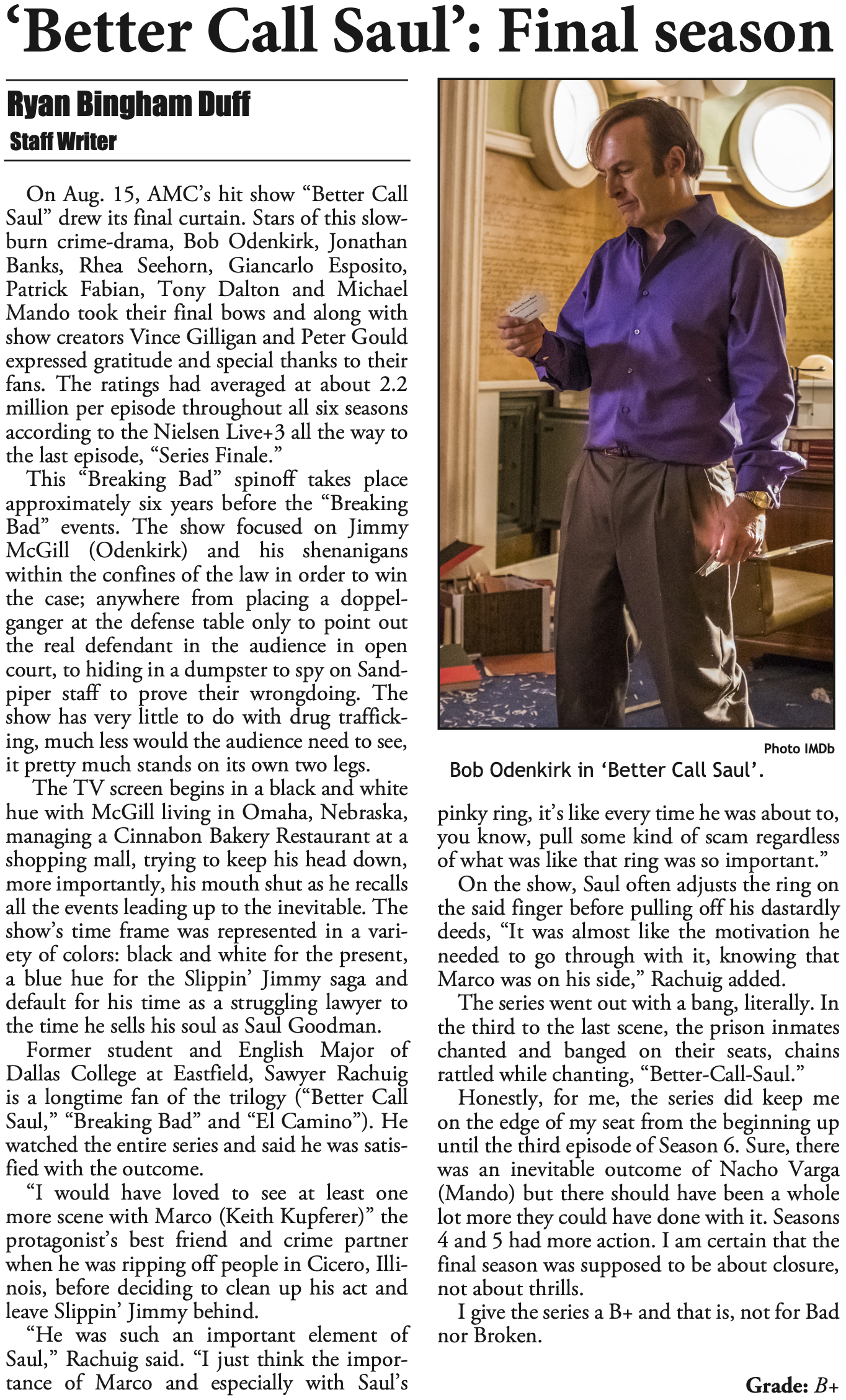 Digital newspaper clipping of Chronicle story by staff writer Ryan Bingham Duff about the final season of the TV series "Better Call Saul."