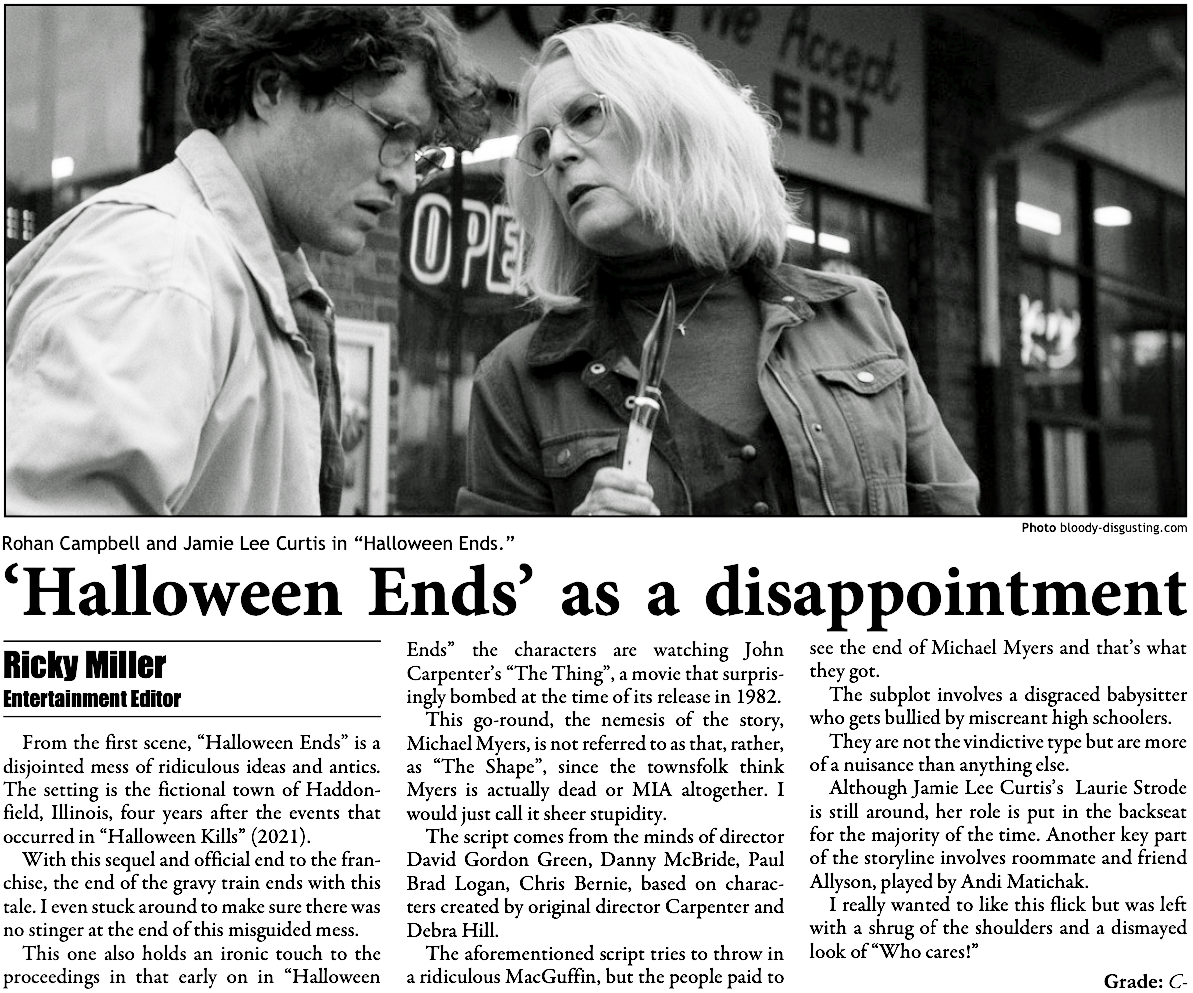 Digital newspaper clipping of Chronicle review of the movie "Halloween Ends."