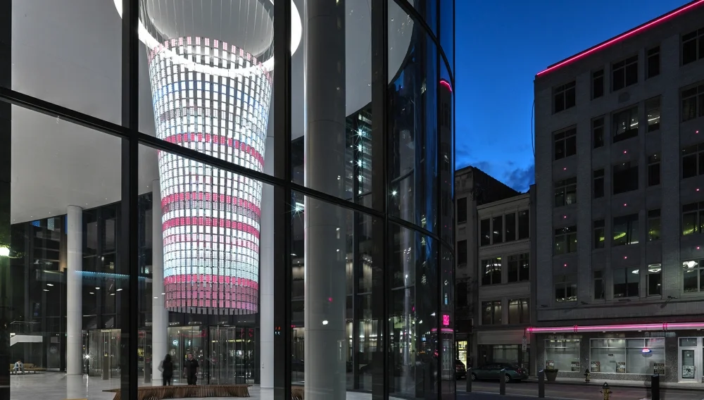 The Beacon is highly visible from inside the building lobby as well as from the outside