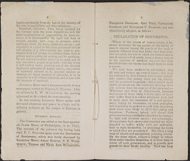 Elizabeth Cady Stanton (1815–1902). “Declaration of Sentiments,” Report of the Woman’s Rights Convention, Held at Seneca Falls, New York, July 19 and 20, 1848. Printed by John Dick. Rochester, NY: The North Star office of Frederick Douglass, 1848. E…