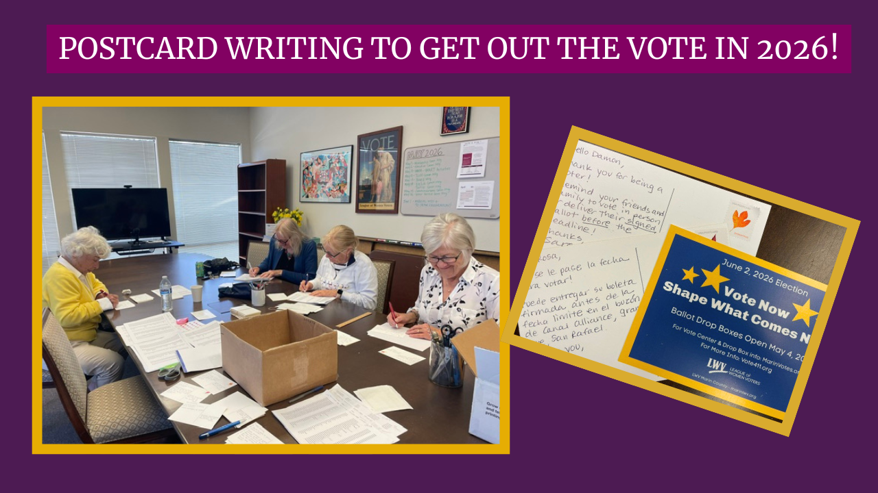 League members Grace Hughes, Pam Cook, Margy Eller, and Marty Nelson are some of the many volunteers who addressed and wrote messages on the postcards.