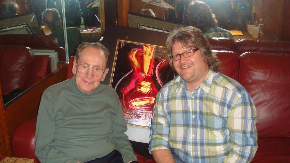  Hendon presenting painting for Les Paul backstage at the Iridium Jazz Club, Times Square, NY.    