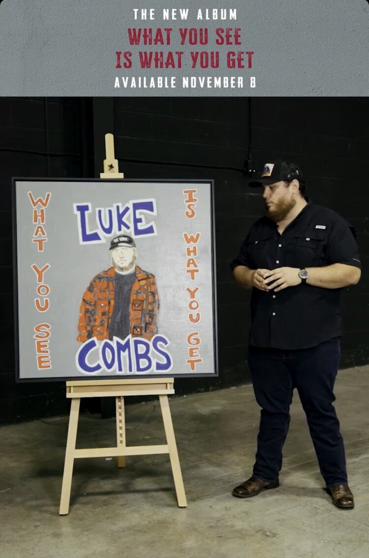  Musician, Luke Combs, alongside cover designed by Hendon for album,  What You See Is What You Get,  2019. 