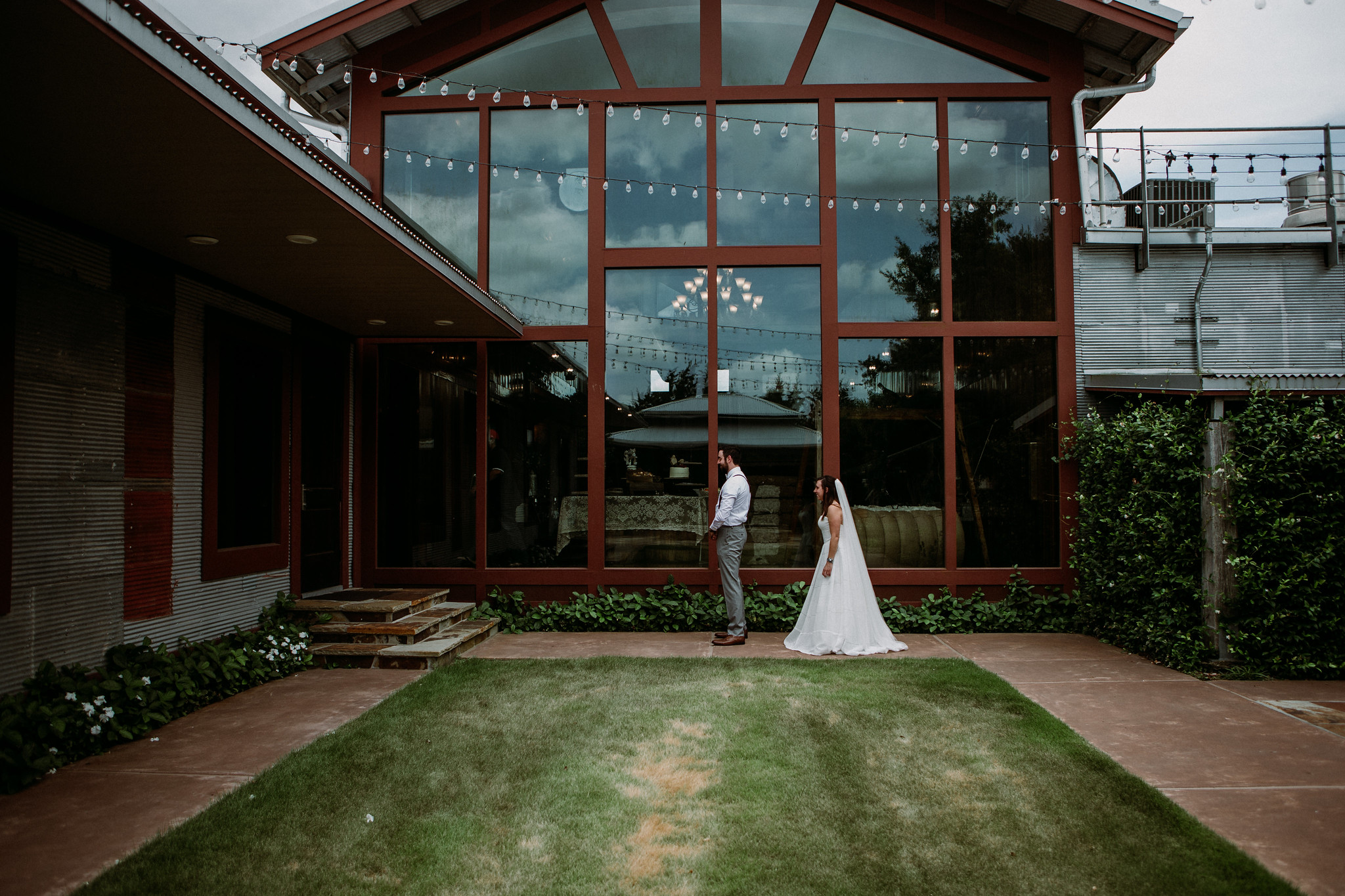 Bride and groom first look. Wedding at Cotton Gin No 116 Katy, TX