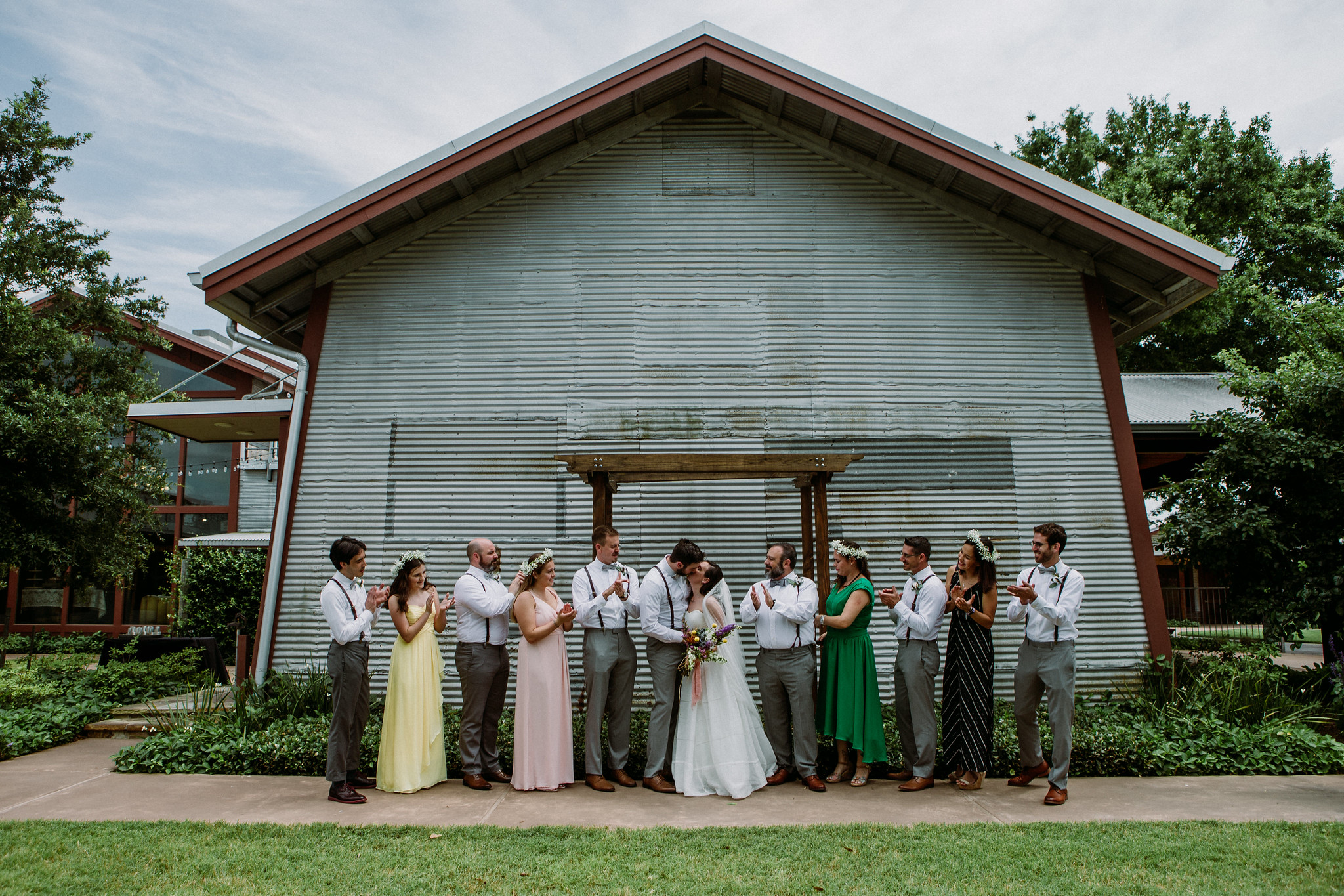 Bride and groom with Bridal party. Wedding at Cotton Gin No 116 Katy, TX