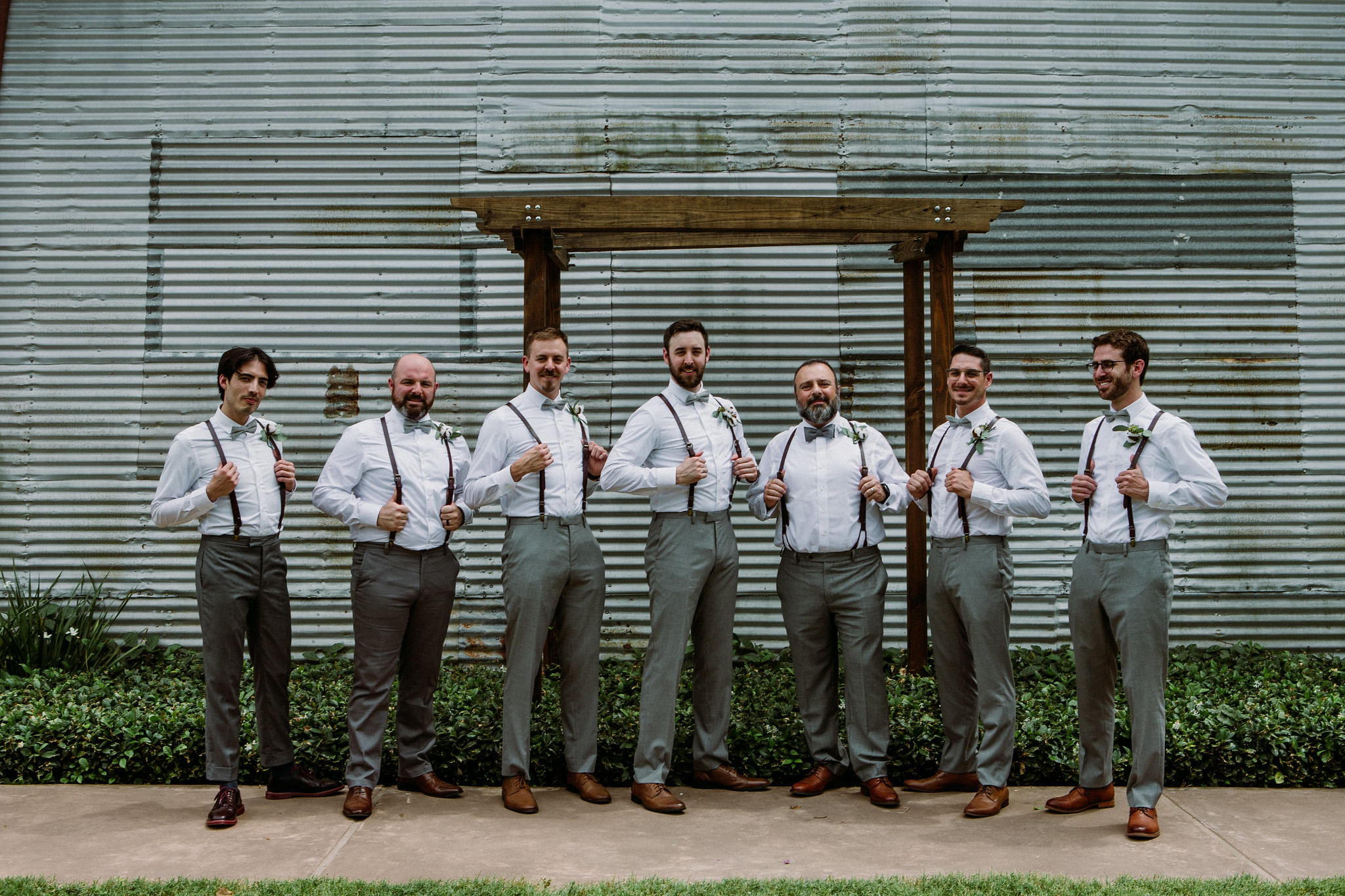 Groom and groomsmen group portraits. Wedding at Cotton Gin No 116Katy, TX