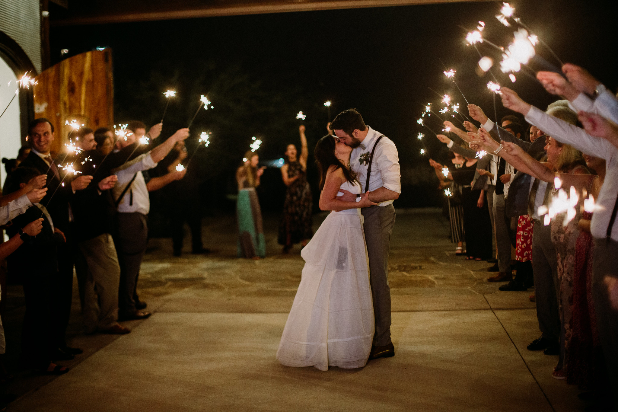 Grand exit, send off sparklers. Reception. Wedding at Cotton Gin No 116 (Katy, TX)