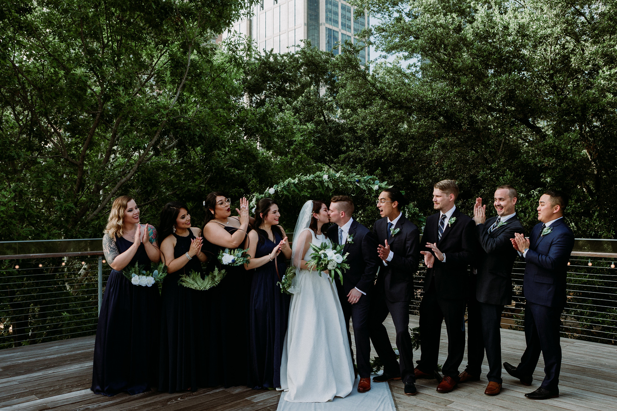 Wedding party bridal party group portraits. Wedding at The Grove at Discovery Green Park (Houston, TX)