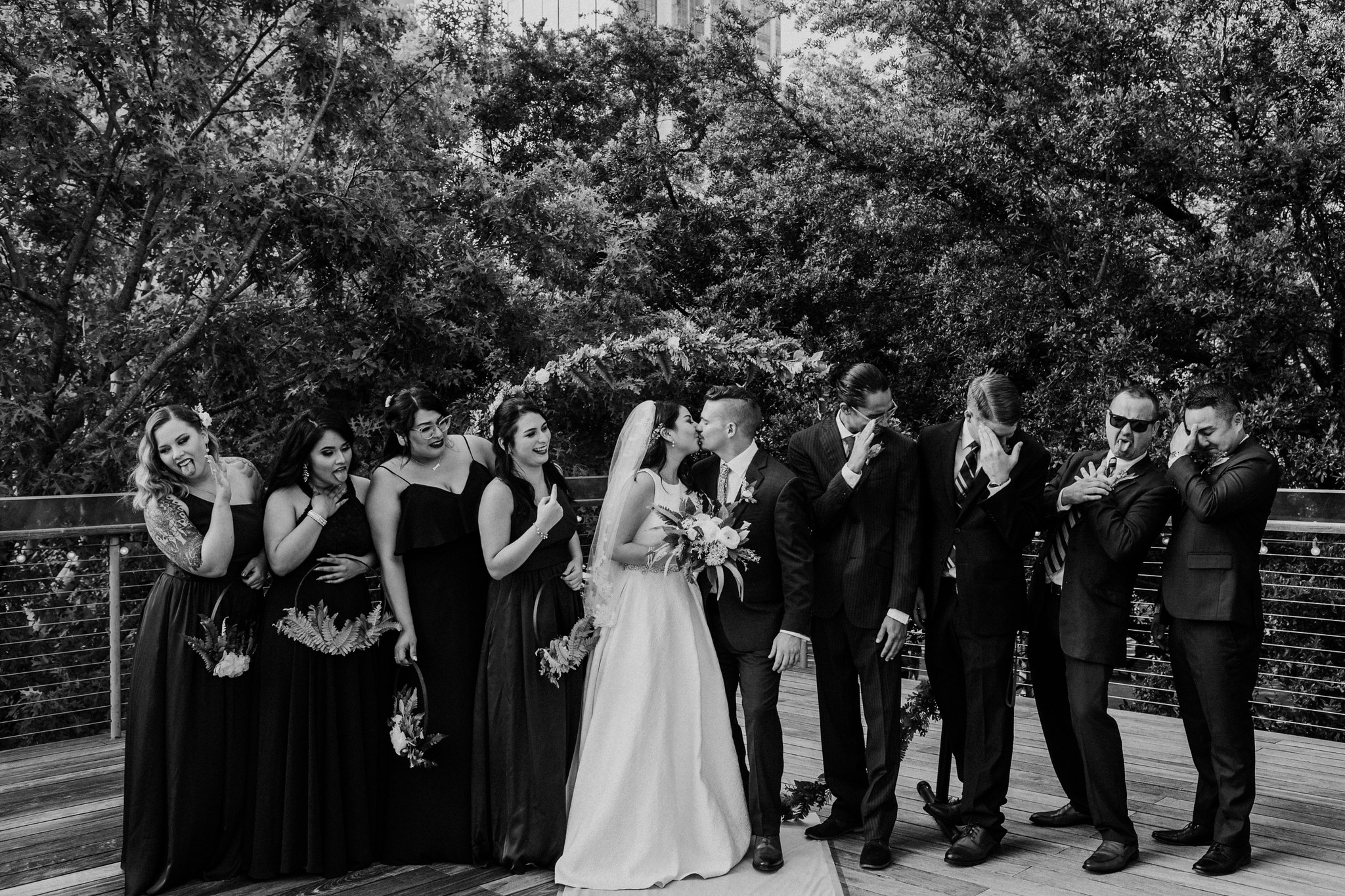 Wedding party bridal party group portraits. Wedding at The Grove at Discovery Green Park (Houston, TX)